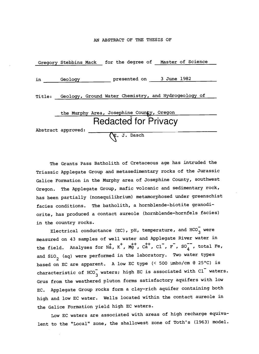 Geology, Ground Water Chemistry, and Hydrogeology of the Murphy Area, Josephine County, Oregon