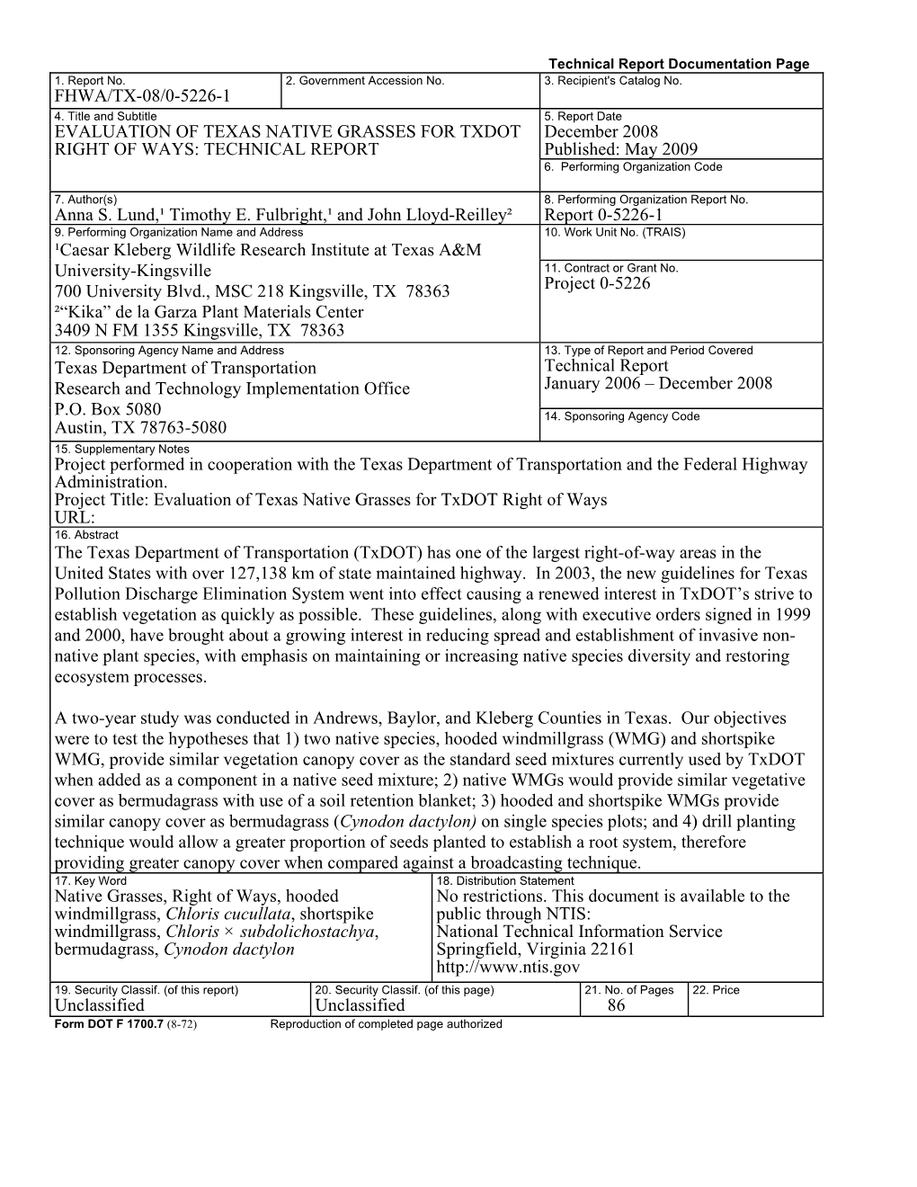 Fhwa/Tx-08/0-5226-1 Evaluation of Texas Native Grasses For