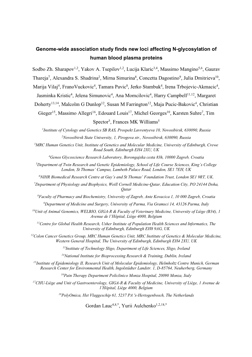 Genome-Wide Association Study Finds New Loci Affecting N-Glycosylation of Human Blood Plasma Proteins