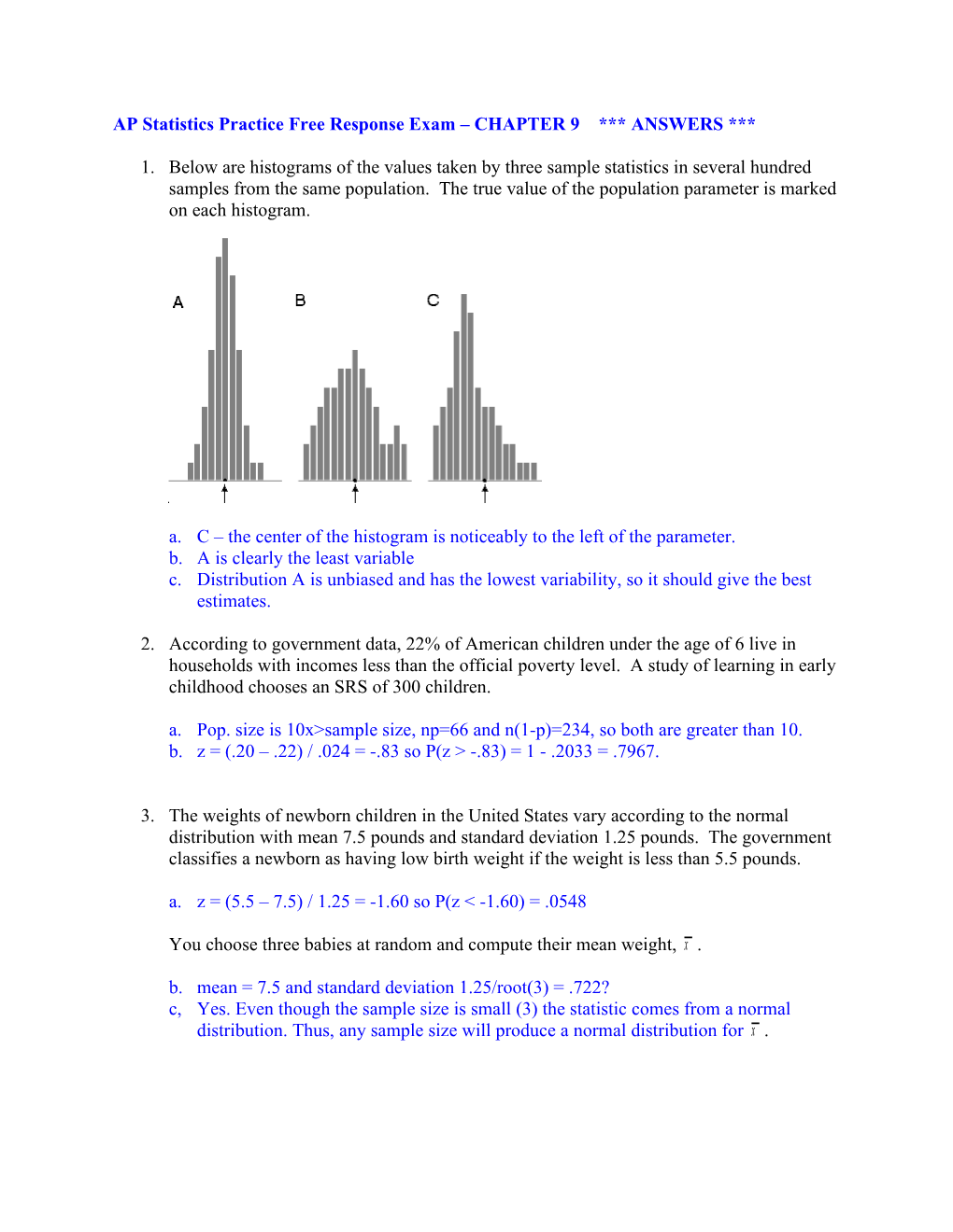 AP Statistics Practice Free Response Exam CHAPTER 9