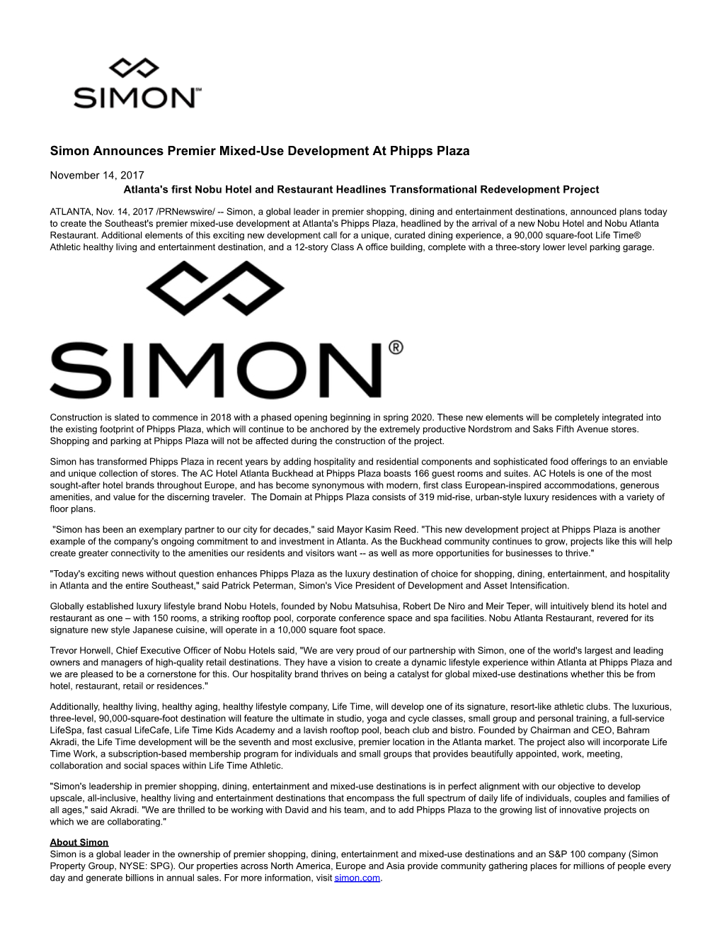 Simon Announces Premier Mixed-Use Development at Phipps Plaza