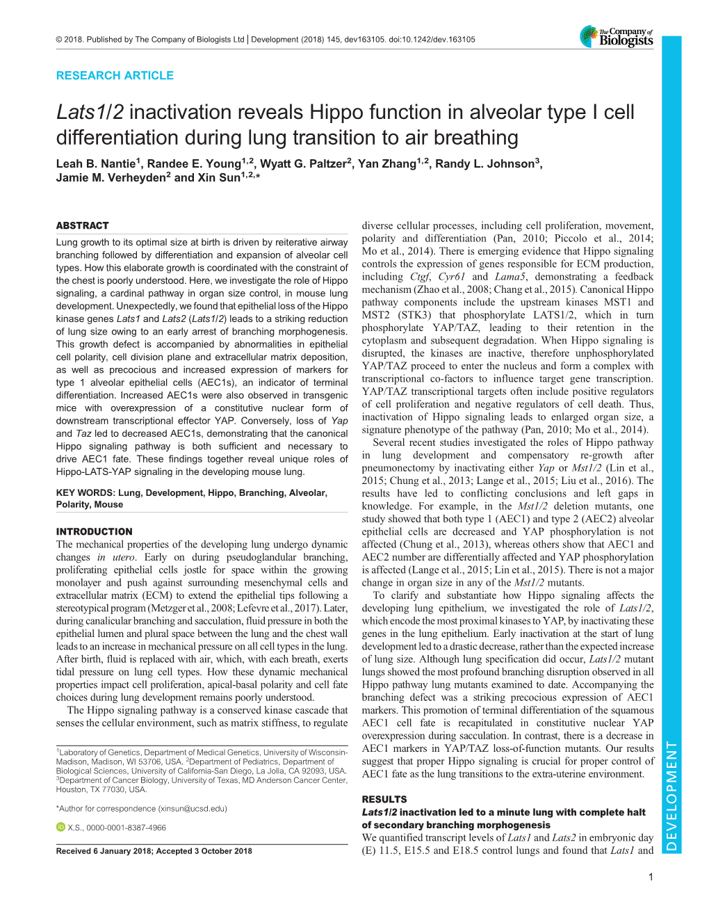 Lats1/2 Inactivation Reveals Hippo Function in Alveolar Type I Cell Differentiation During Lung Transition to Air Breathing Leah B