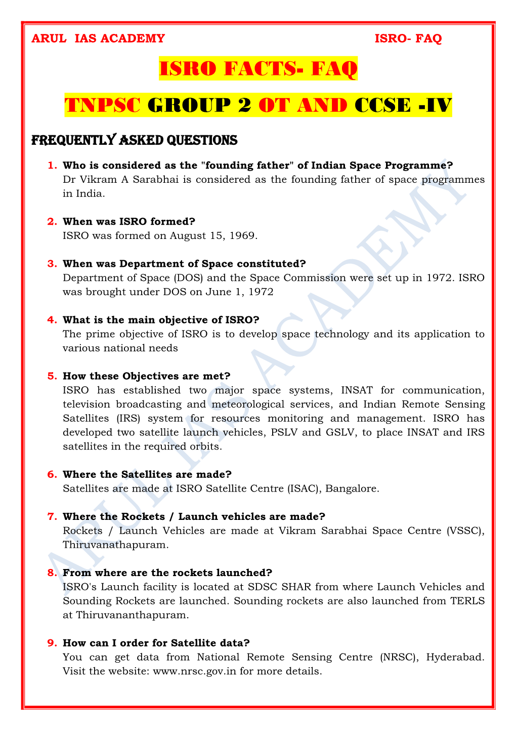 Isro Facts- Faq Tnpsc Group 2 Ot and Ccse -Iv