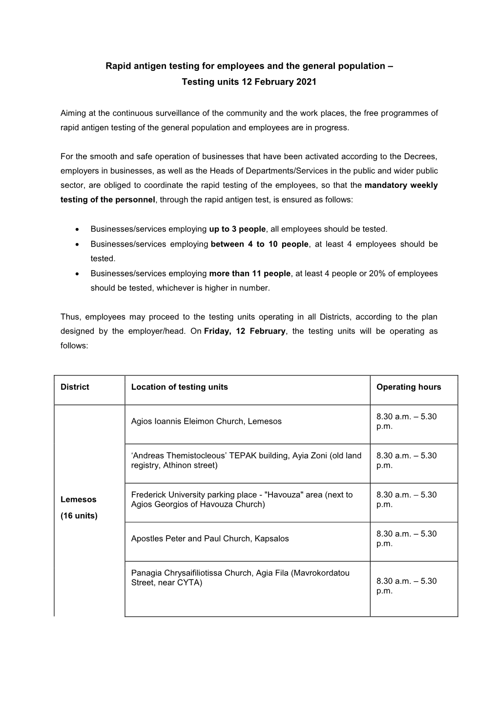 Rapid Antigen Testing for Employees and the General Population – Testing Units 12 February 2021