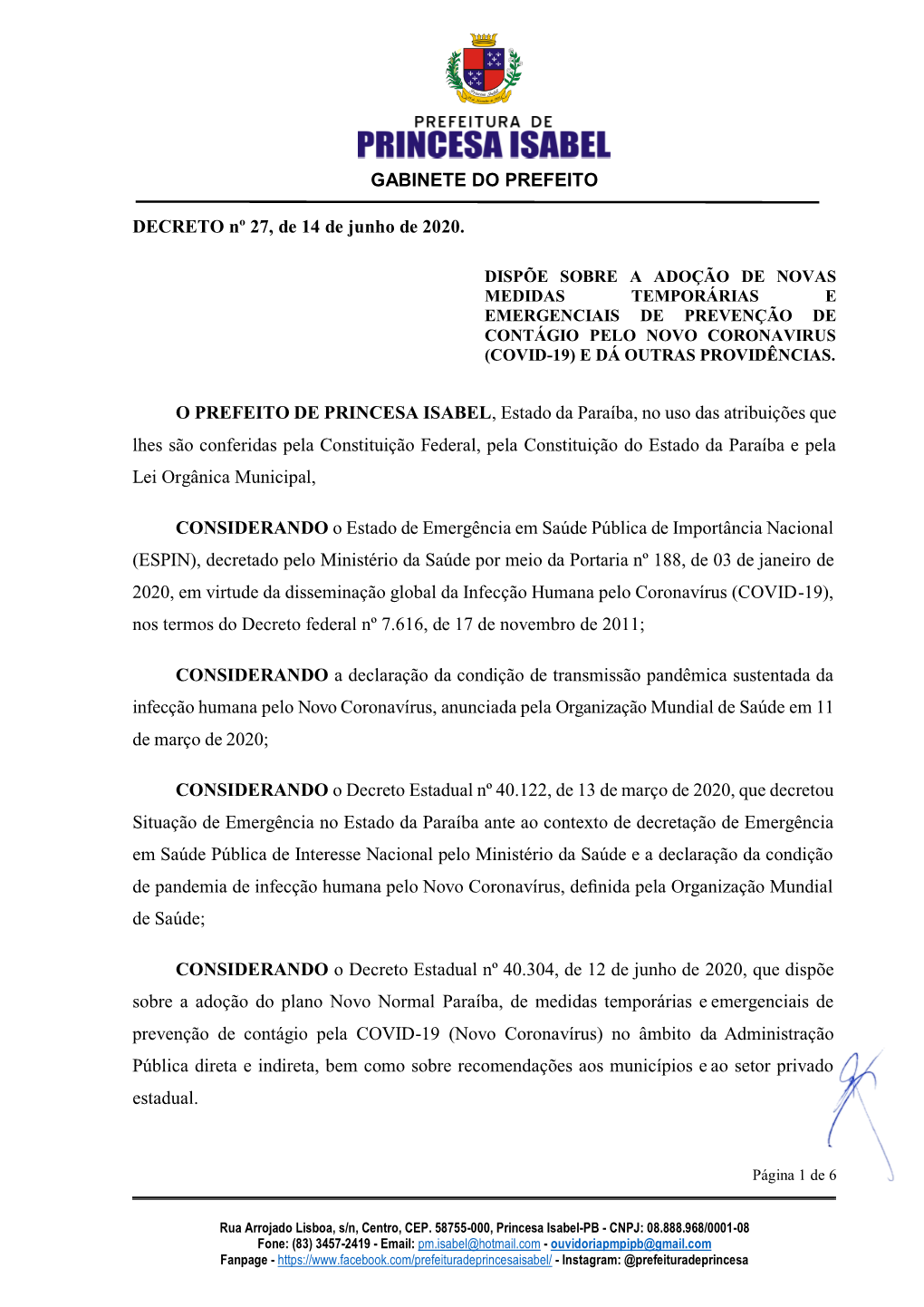 GABINETE DO PREFEITO DECRETO Nº 27, De 14 De Junho De 2020. O