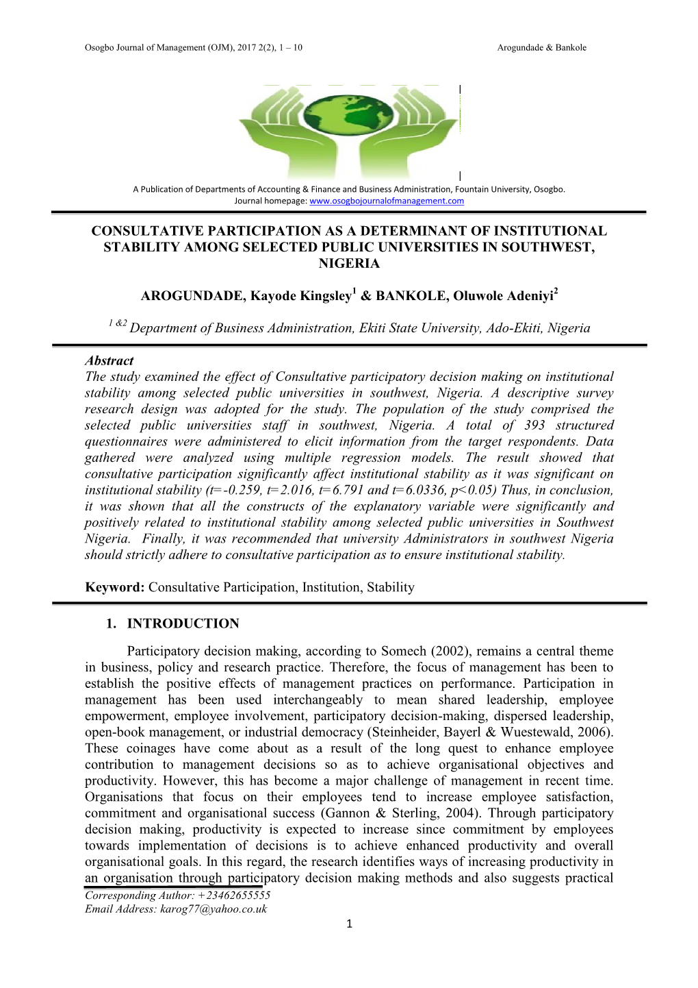 Consultative Participation As a Determinant of Institutional Stability Among Selected Public Universities in Southwest, Nigeria