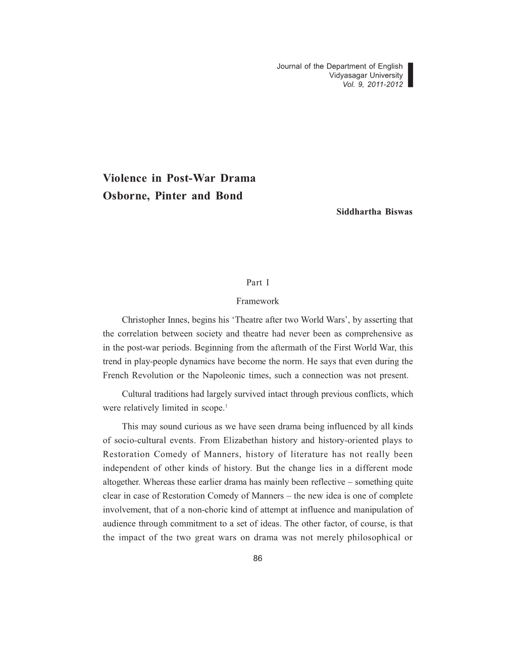 Violence in Post-War Drama Osborne, Pinter and Bond Siddhartha Biswas