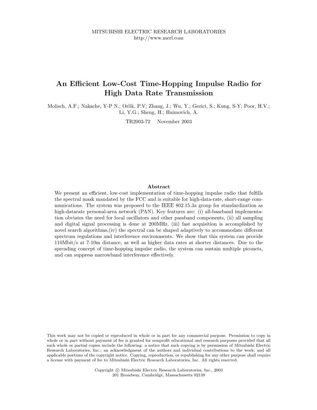 An Efficient Low-Cost Time-Hopping Impulse Radio for High Data Rate Transmission