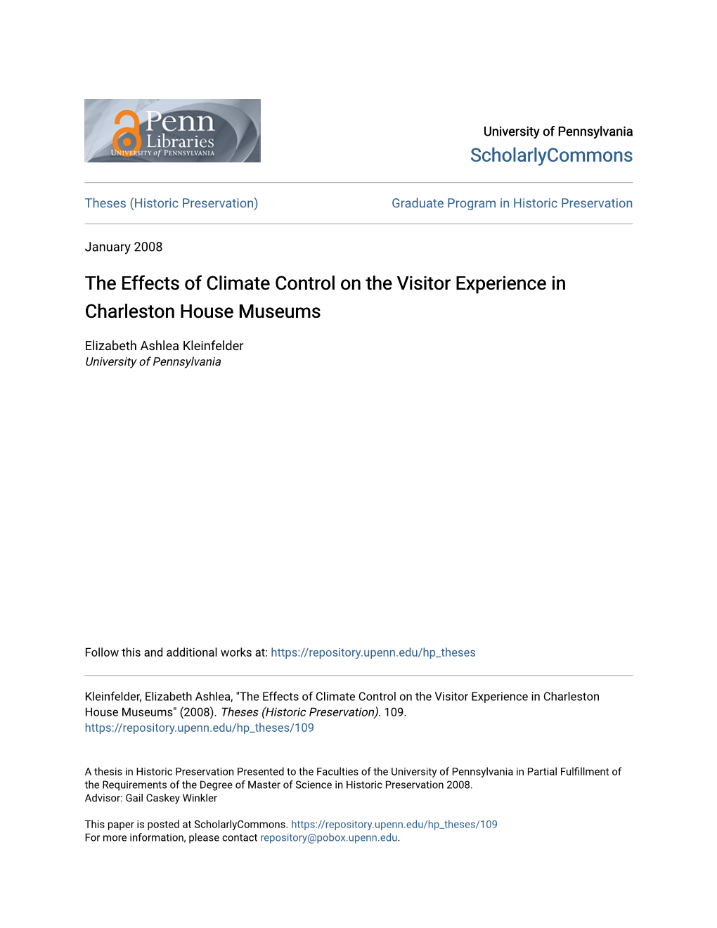 The Effects of Climate Control on the Visitor Experience in Charleston House Museums