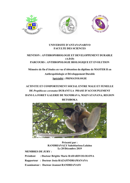 Universite D'antananarivo Faculte Des Sciences Mention
