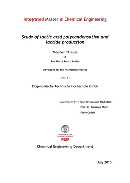 Integrated Master in Chemical Engineering Study of Lactic Acid