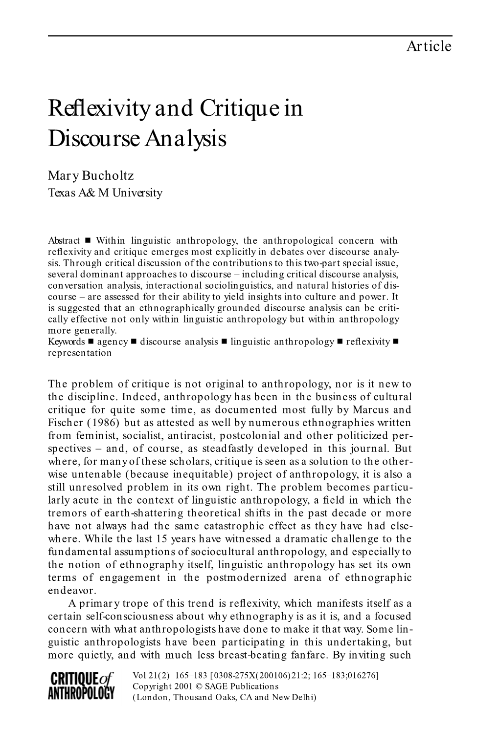 Reflexivity and Critique in Discourse Analysis