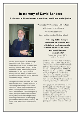 In Memory of David Sanders a Tribute to a Life and Career in Medicine, Health and Social Justice