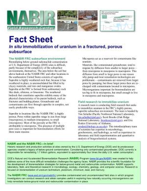 Fact Sheet in Situ Immobilization of Uranium in a Fractured, Porous Subsurface