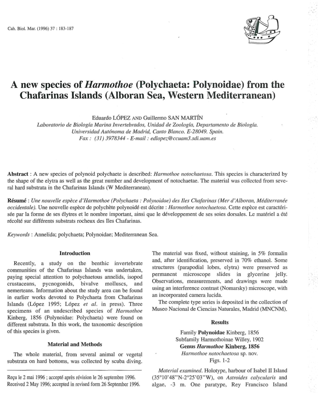 A New Species of Harmothoe (Polychaeta: Polynoidae) from the Chafarinas Islands (Alboran Sea, Western Mediterranean)