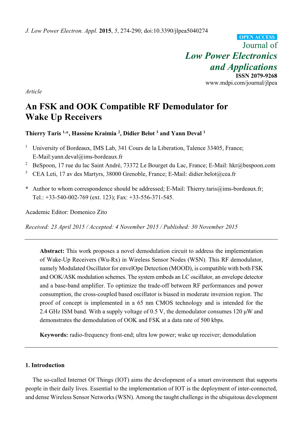 An FSK and OOK Compatible RF Demodulator for Wake up Receivers