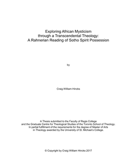 Exploring African Mysticism Through a Transcendental Theology: a Rahnerian Reading of Sotho Spirit Possession