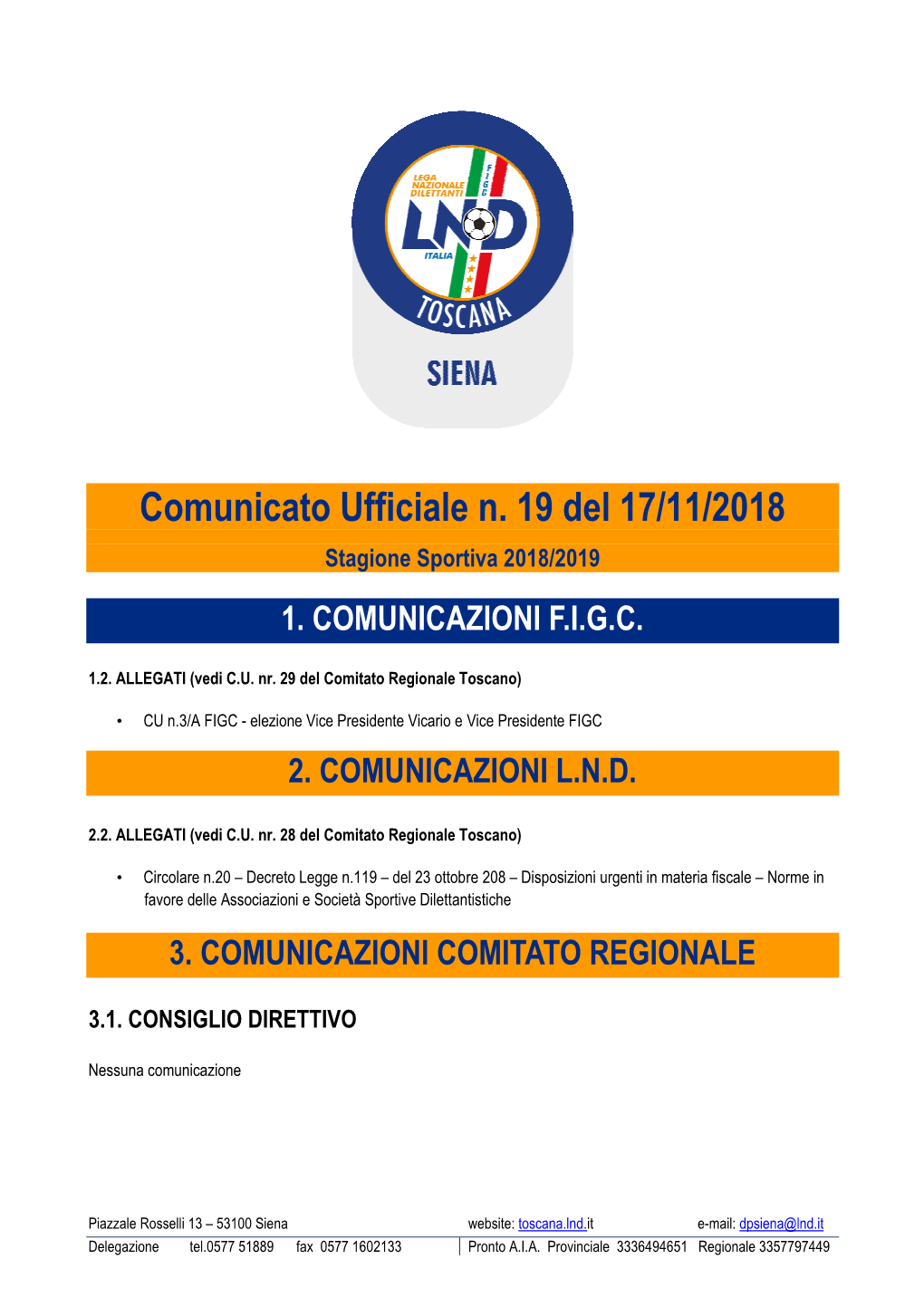 Comunicato Ufficiale N. 19 Del 17/11/2018