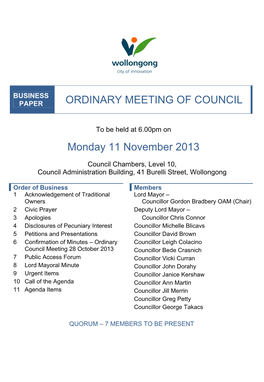 ORDINARY MEETING of COUNCIL Monday 11 November 2013