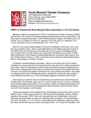 YMTC to Present the Rock Musical Rent, November 3–10 in El Cerrito