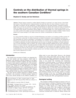 Controls on the Distribution of Thermal Springs in the Southern Canadian Cordillera1