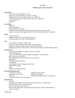 Gear List WMS Canyon Country Adventure Upper Body Long