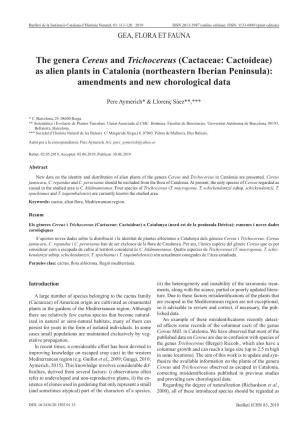 The Genera Cereus and Trichocereus (Cactaceae: Cactoideae) As Alien Plants in Catalonia (Northeastern Iberian Peninsula): Amendments and New Chorological Data