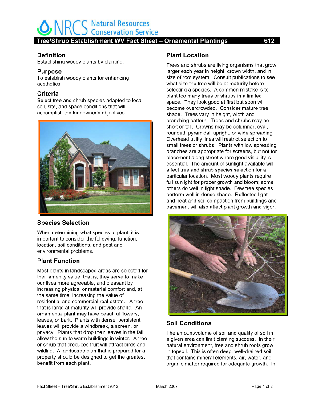 Tree/Shrub Establishment WV Fact Sheet – Ornamental Plantings 612