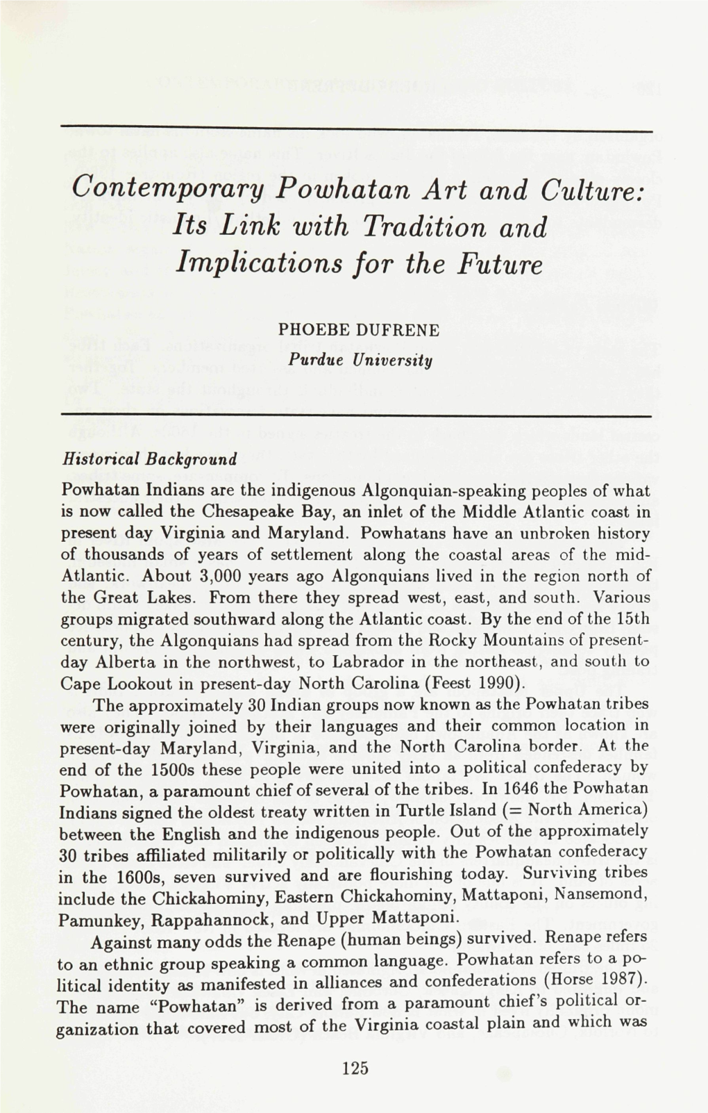 Contemporary Powhatan Art and Culture: Its Link with Tradition and Implications for the Future