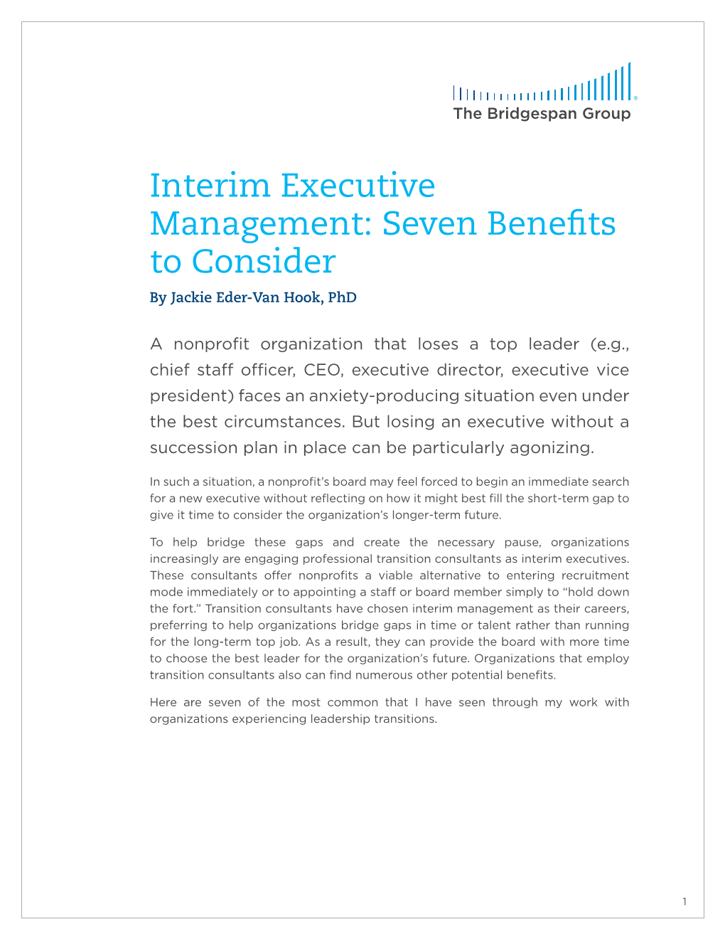 Interim Executive Management: Seven Benefits to Consider by Jackie Eder-Van Hook, Phd