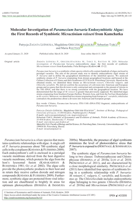 &lt;I&gt;Paramecium Bursaria&lt;/I&gt; Endosymbiotic Algae