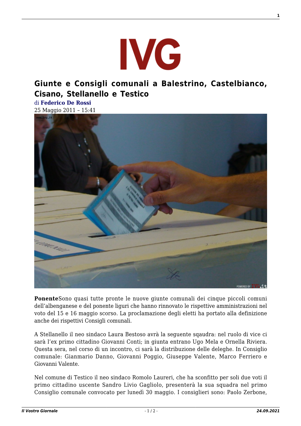 Giunte E Consigli Comunali a Balestrino, Castelbianco, Cisano, Stellanello E Testico Di Federico De Rossi 25 Maggio 2011 – 15:41