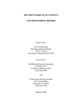 2001 MSCP Rare Plan Survey and Monitoring Report
