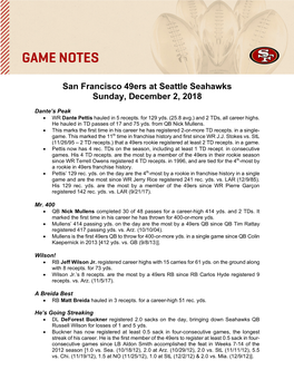 San Francisco 49Ers at Seattle Seahawks Sunday, December 2, 2018