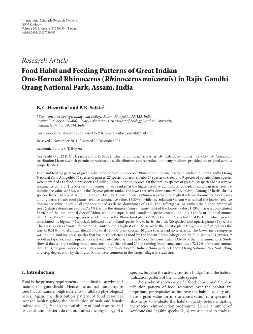 Food Habit and Feeding Patterns of Great Indian One-Horned Rhinoceros (Rhinoceros Unicornis) in Rajiv Gandhi Orang National Park, Assam, India