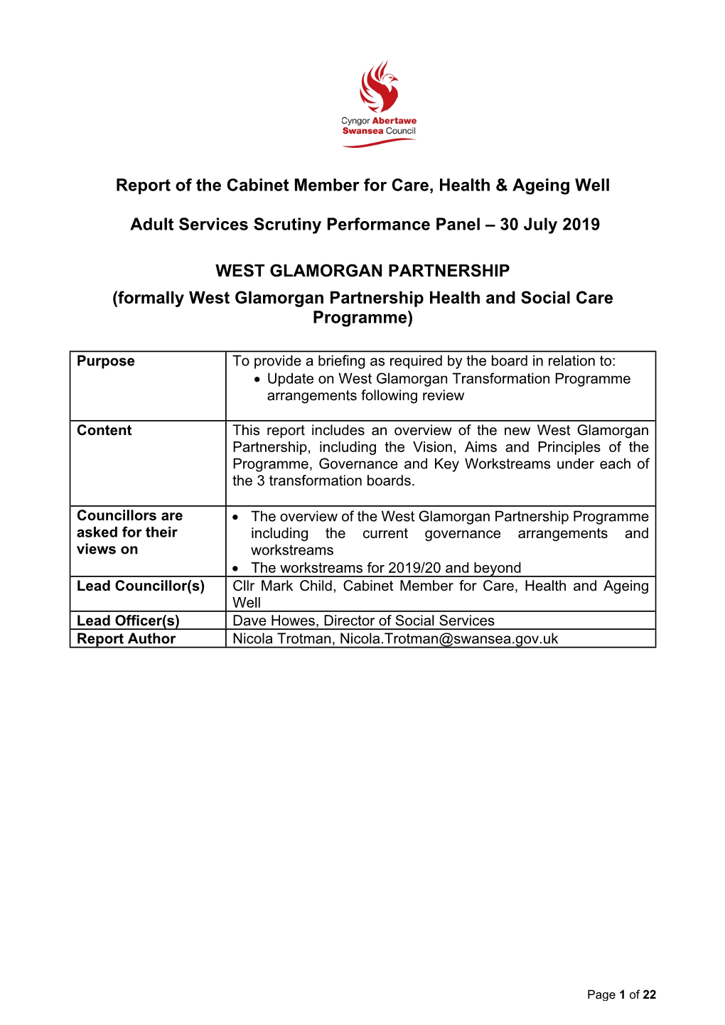 Update on West Glamorgan Transformation Programme Arrangements Following Review