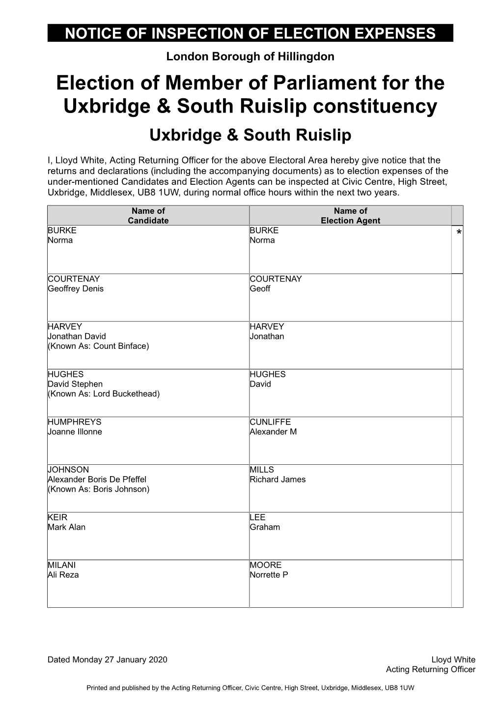 Election of Member of Parliament for the Uxbridge & South Ruislip