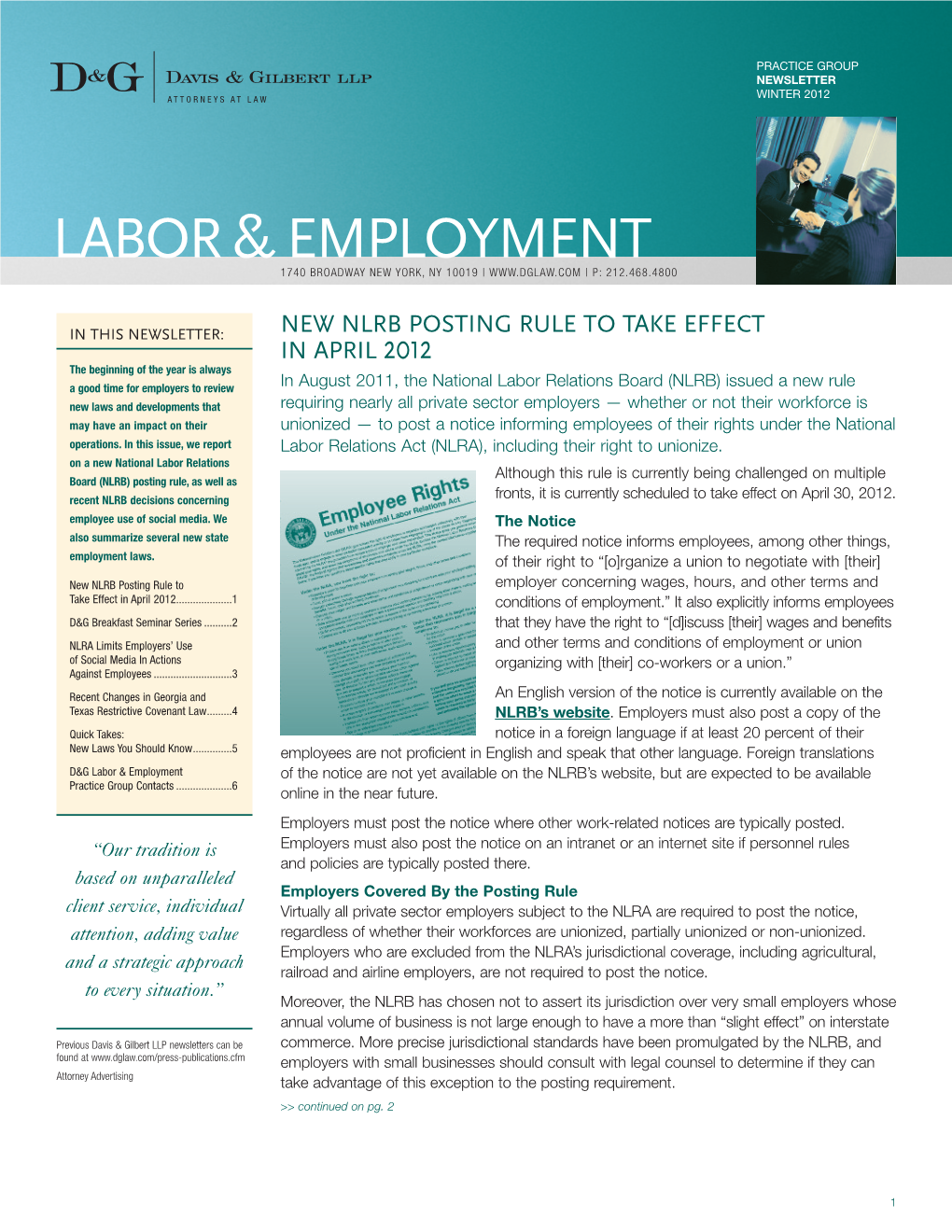 Labor & Employment Newsletter &gt;&gt; Winter 2012