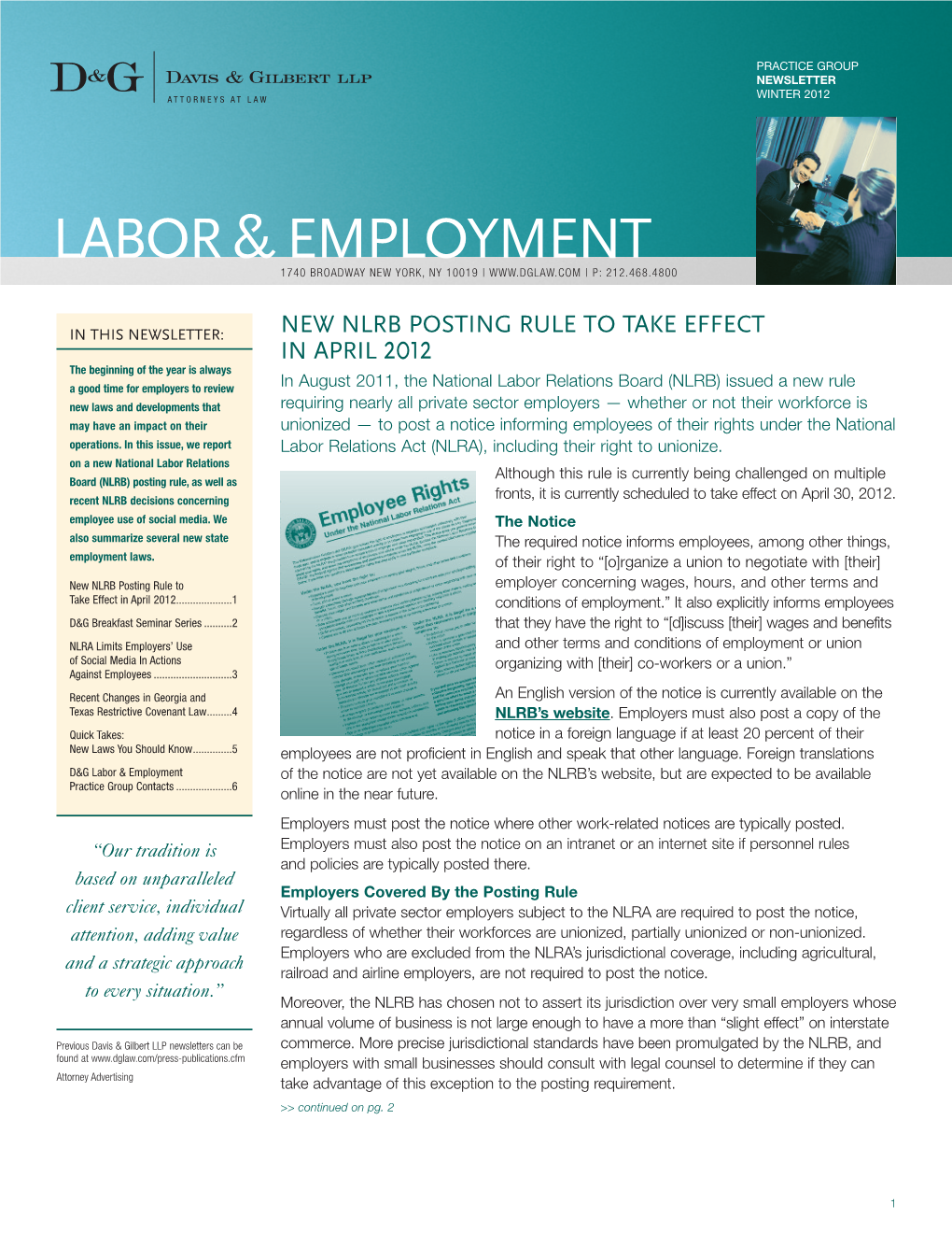 Labor & Employment Newsletter >> Winter 2012