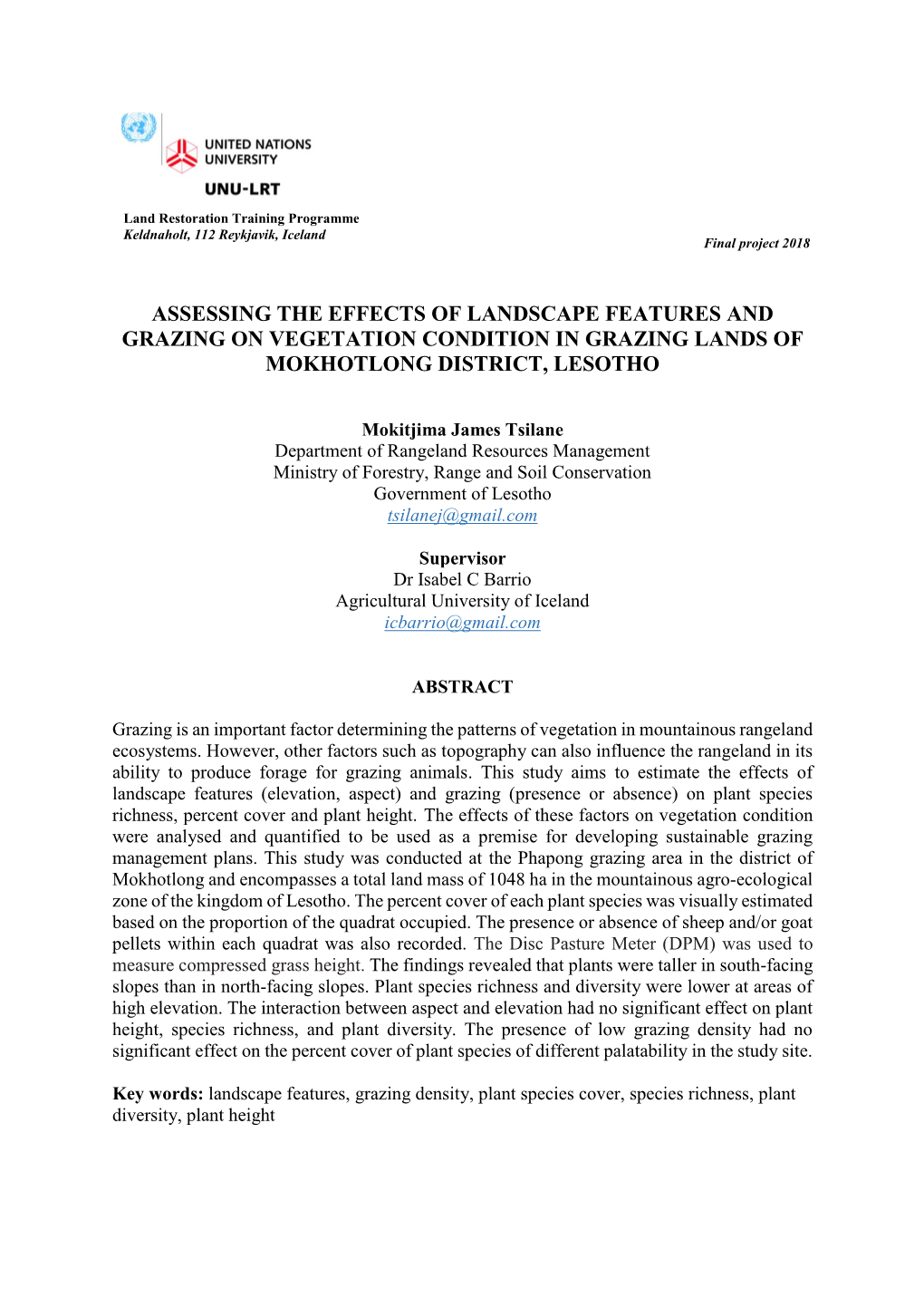 Assessing the Effects of Landscape Features and Grazing on Vegetation Condition in Grazing Lands of Mokhotlong District, Lesotho