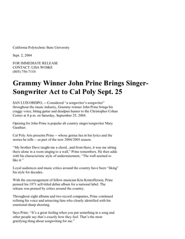 Grammy Winner John Prine Brings Singer-Songwriter Act to Cal Poly