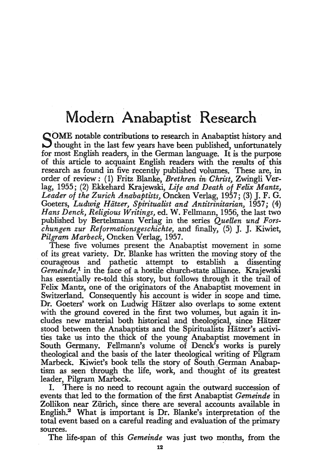 Modern Anabaptist Research
