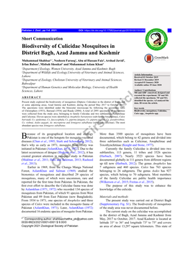Biodiversity of Culicidae Mosquitoes in District Bagh, Azad Jammu and Kashmir