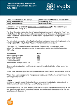 Leeds Secondary Admission Policy for September 2021 to July 2022