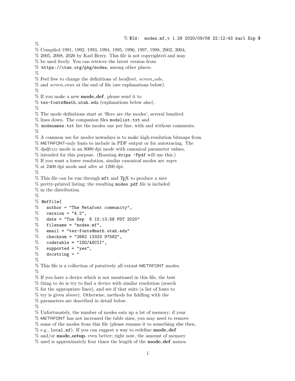 Modes.Mf,V 1.29 2020/09/08 22:12:43 Karl Exp $ % % Compiled 1991, 1992, 1993, 1994, 1995, 1996, 1997, 1998, 2002, 2004, % 2005, 2008, 2020 by Karl Berry