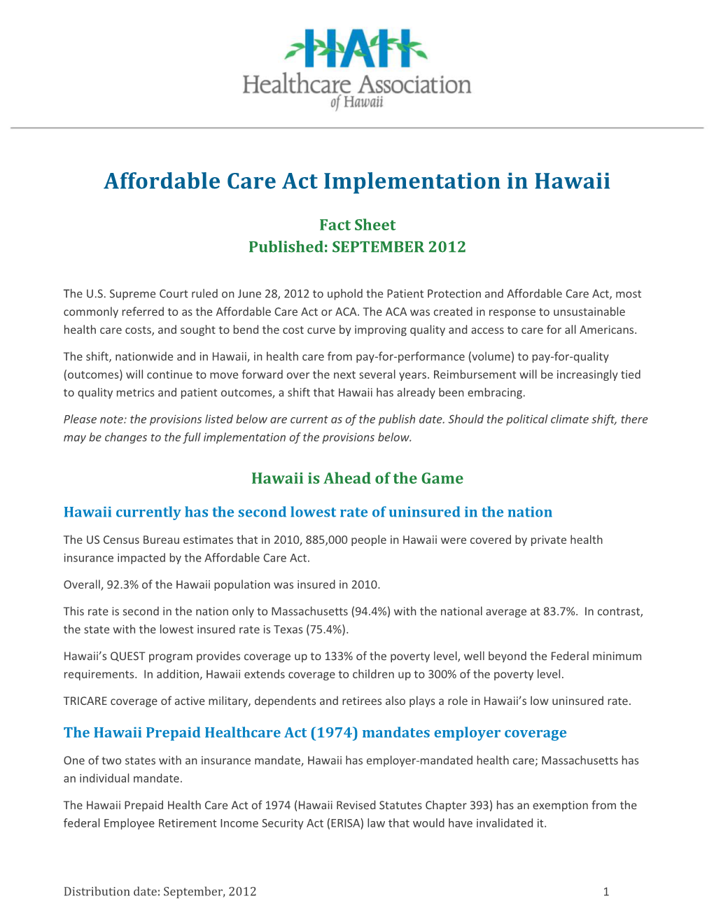 Affordable Care Act Implementation in Hawaii