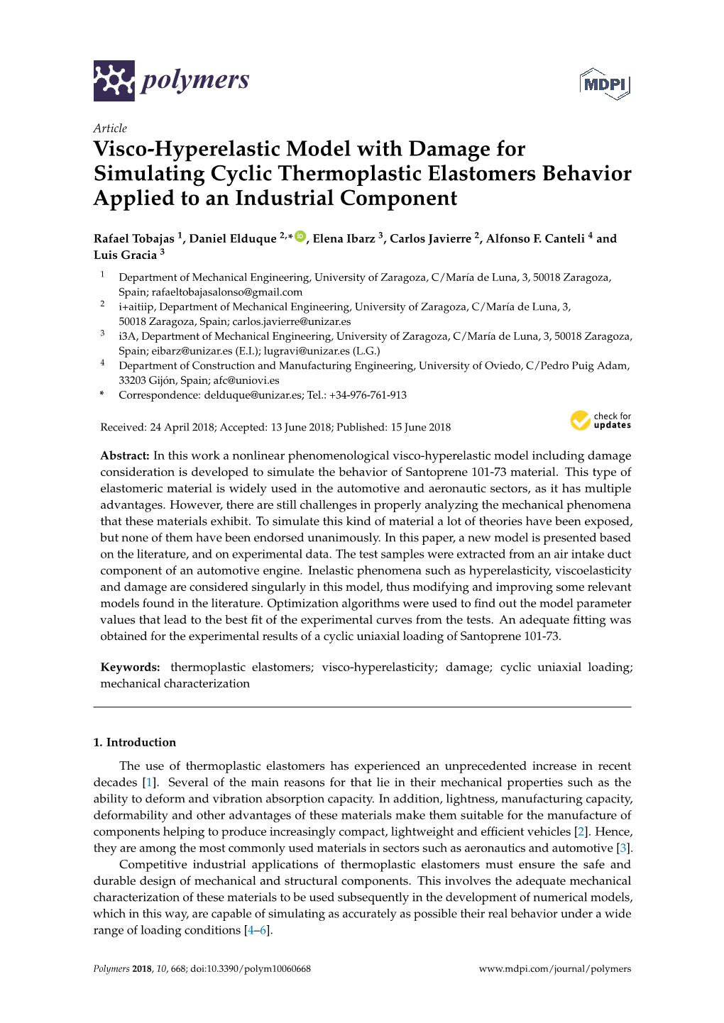 Visco-Hyperelastic Model with Damage for Simulating Cyclic Thermoplastic Elastomers Behavior Applied to an Industrial Component