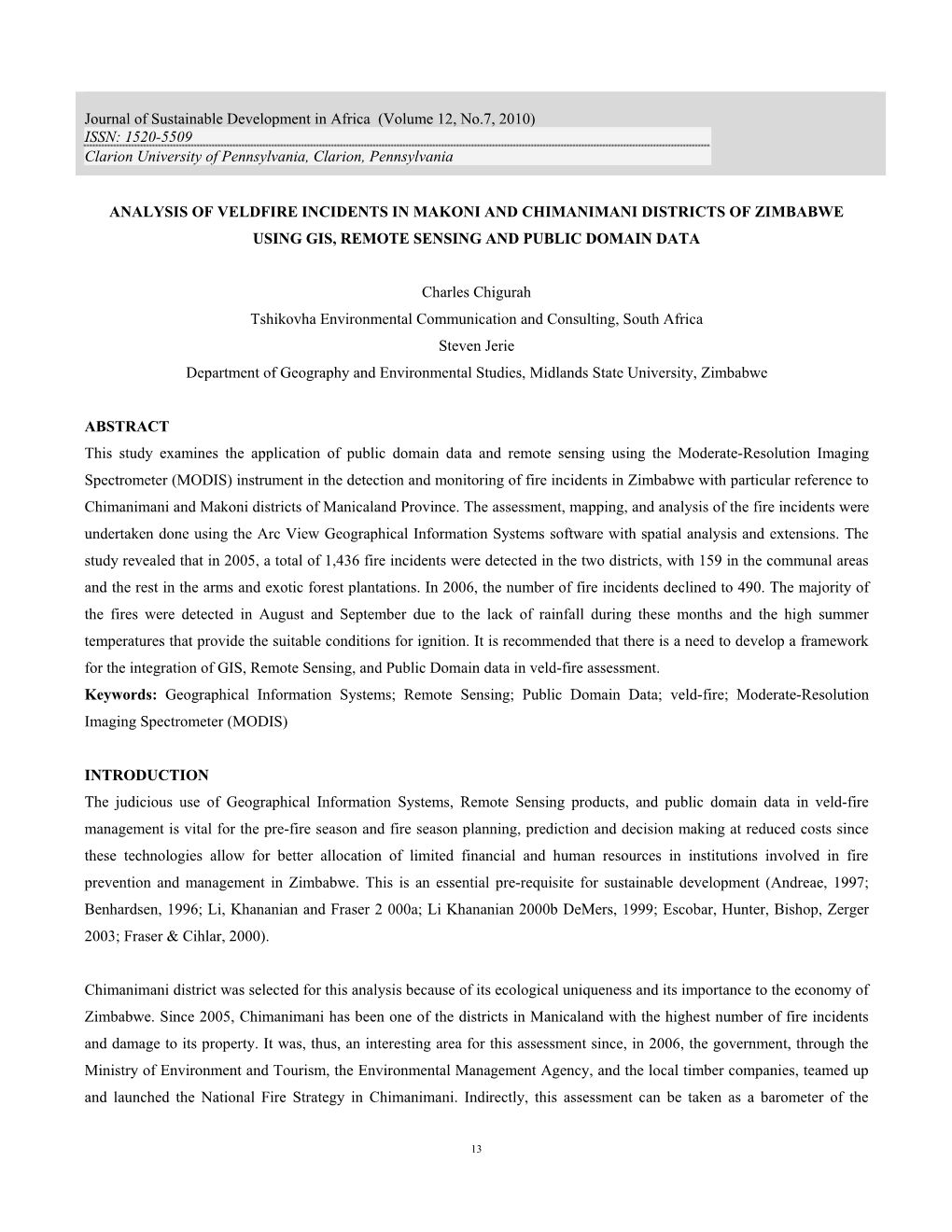 Analysis of Veldfire Incidents in Makoni and Chimanimani Districts of Zimbabwe Using Gis, Remote Sensing and Public Domain Data