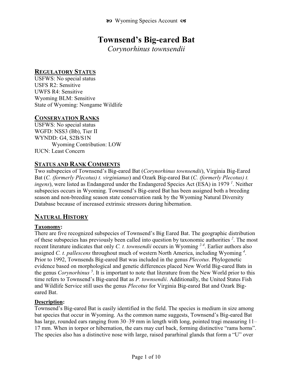 Townsend's Big-Eared Bat (Corynorhinus Townsendii): a Technical Conservation Assessment, USDA Forest Service, Rocky Mountain Region