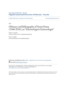 Obituary and Bibliography of Norm Penny (1946-2016), an “Entomologist’S Entomologist” Robert L